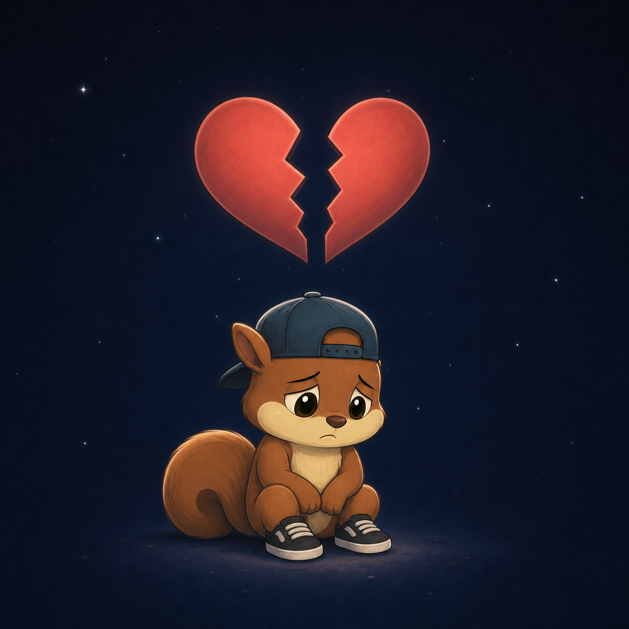 A sad cartoon squirrel sitting beneath a broken heart in a quiet night sky